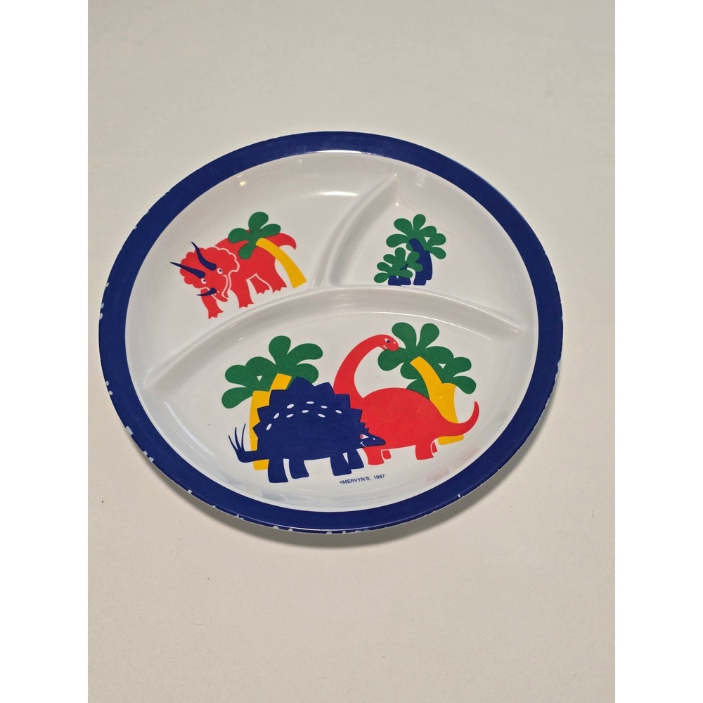 Vintage 1987 Mervyns Dinosaur Divided Melamine Plate Kids Toddler Tray Blue Rim